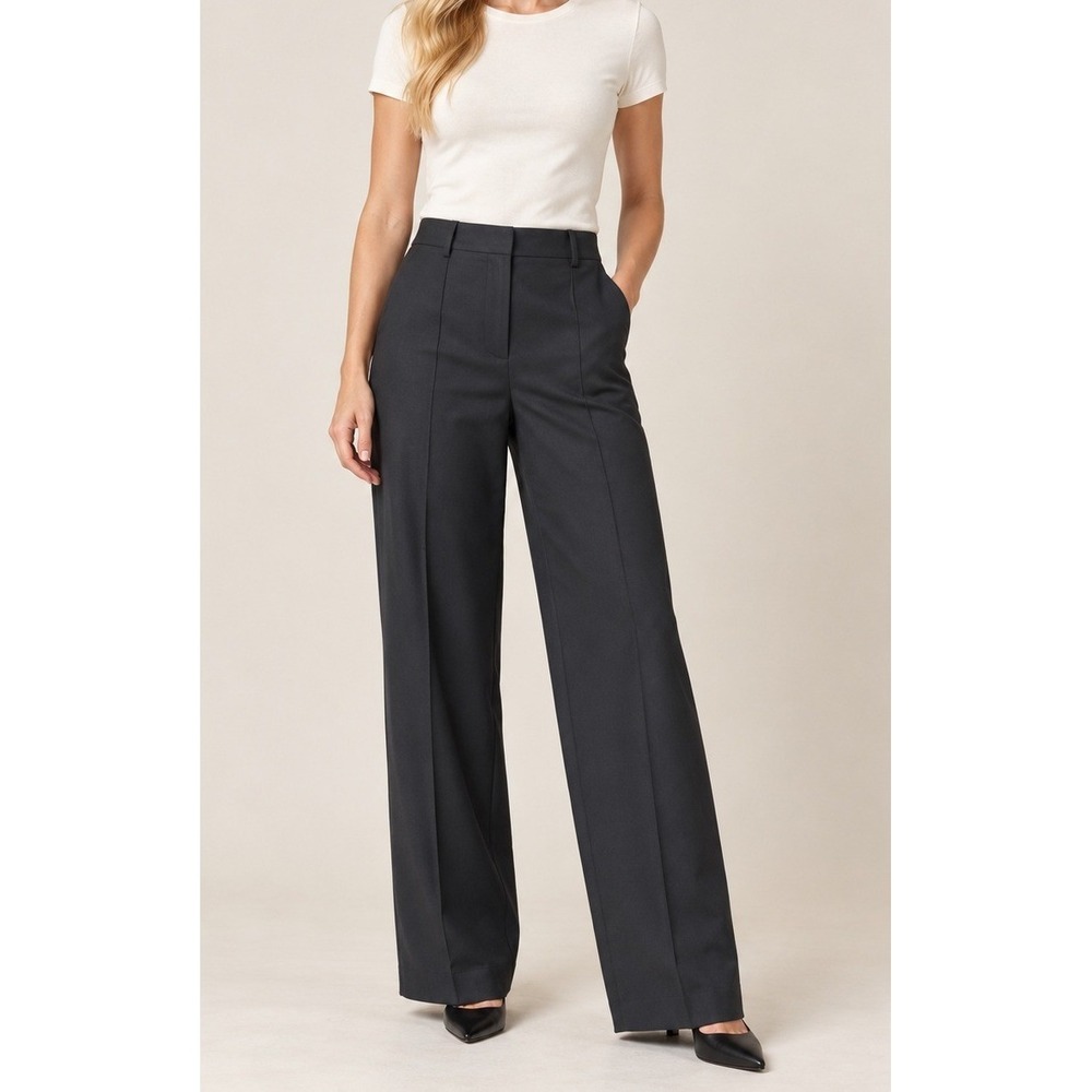 LOFT Womens Pintucked Wide Leg Pants 4 Black Trousers Lyocell Cotton Office